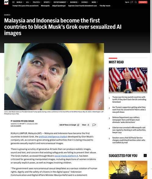 Malaysia and Indonesia become the first countries to block Musk’s Grok over sexualized AI images 