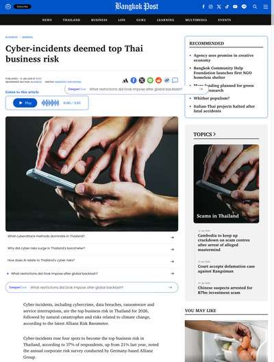 Cyber-incidents deemed top Thai business risk