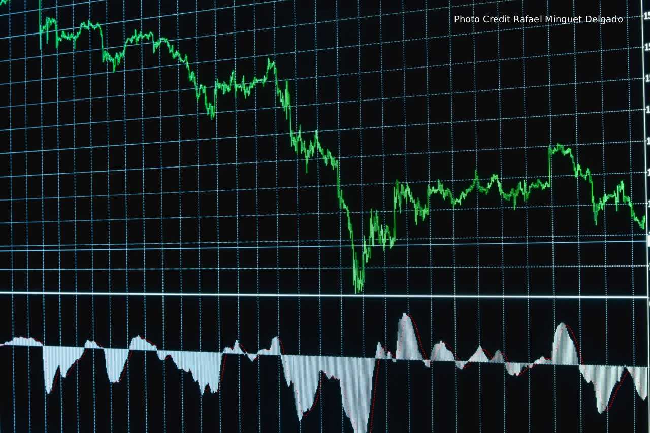 A trading floor screen showing four company earnings headlines with record profit figures alongside falling stock price charts